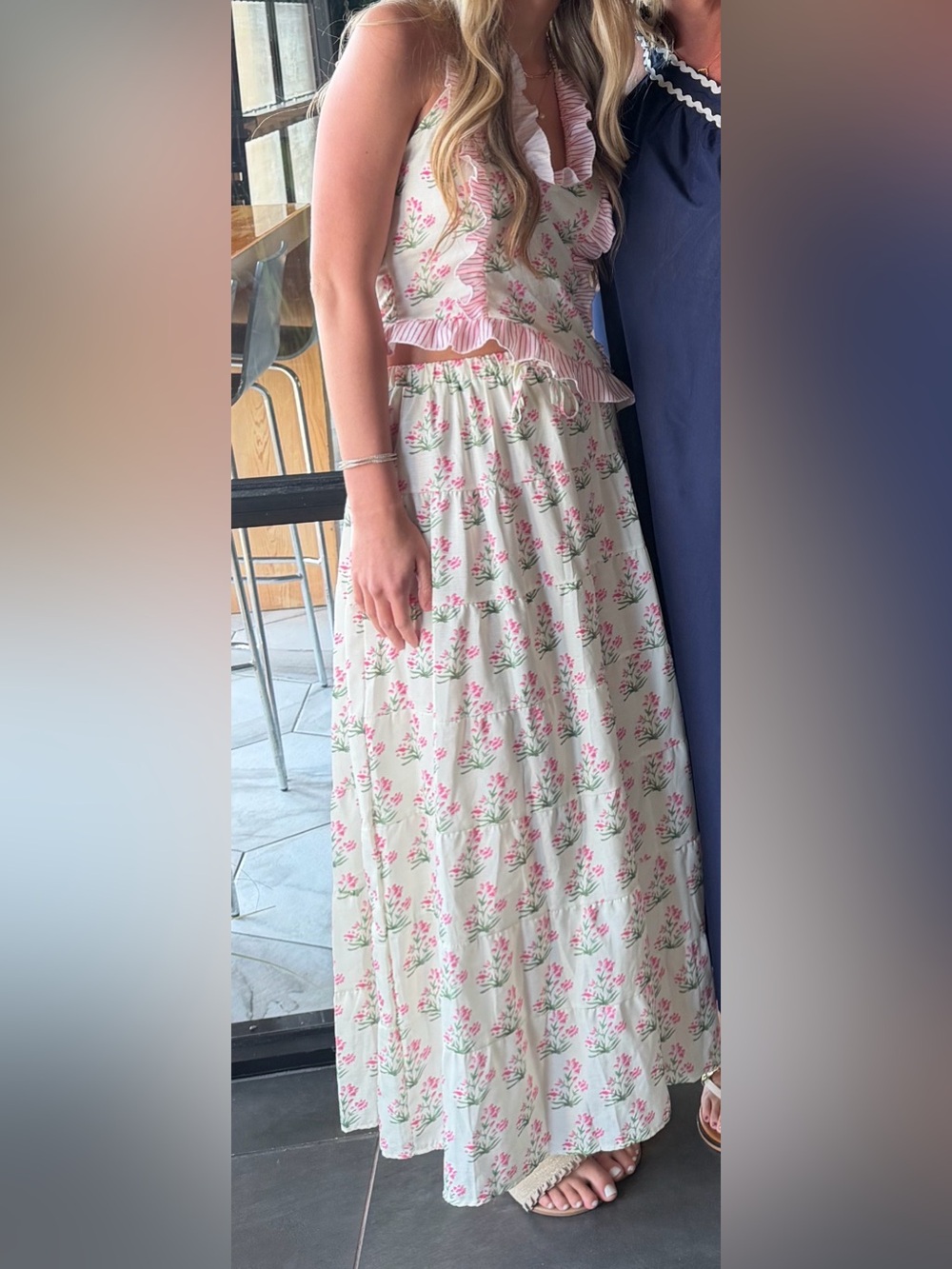 Floral Tiered Maxi Skirt in Cream and Pink